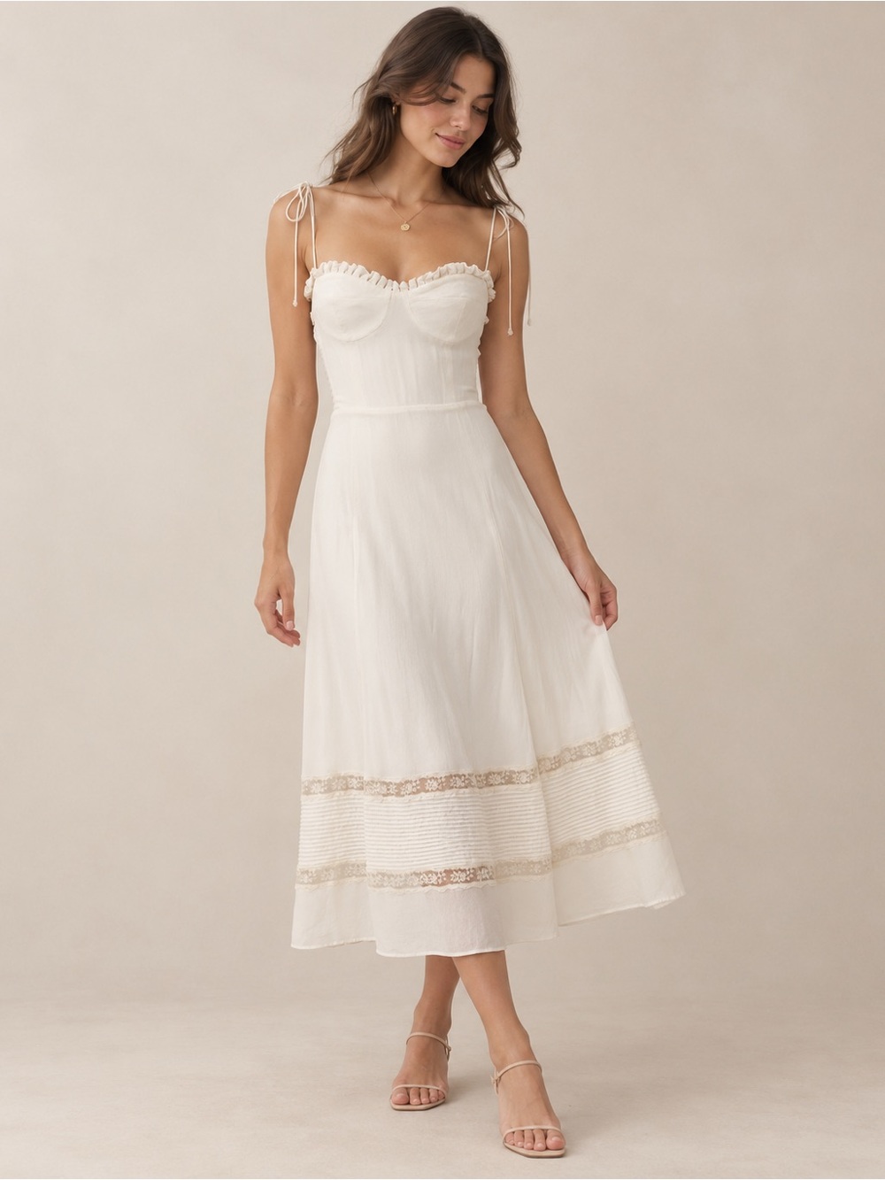 Reformation Ronan Ivory Lace Trim Tie Strap Midi Dress Size 4